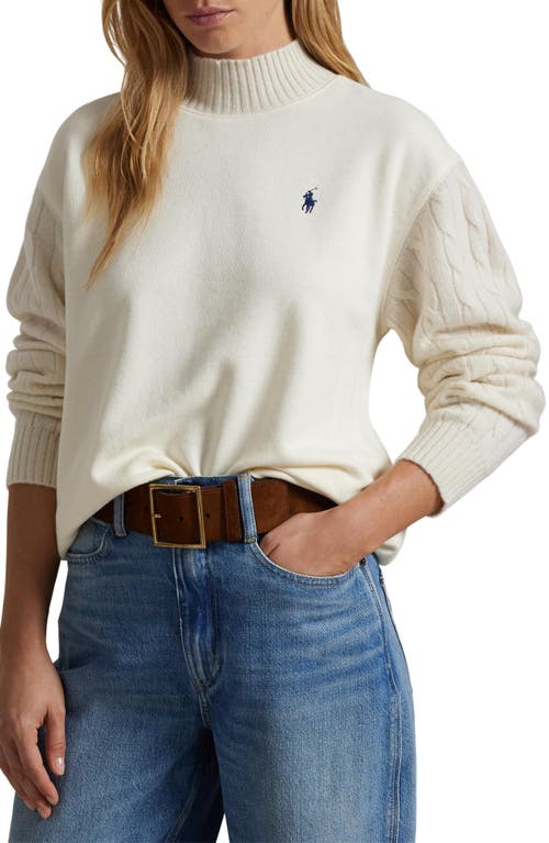 Shop Polo Ralph Lauren Cable Stitch Sleeve Mock Neck Sweatshirt In Clubhouse Cream