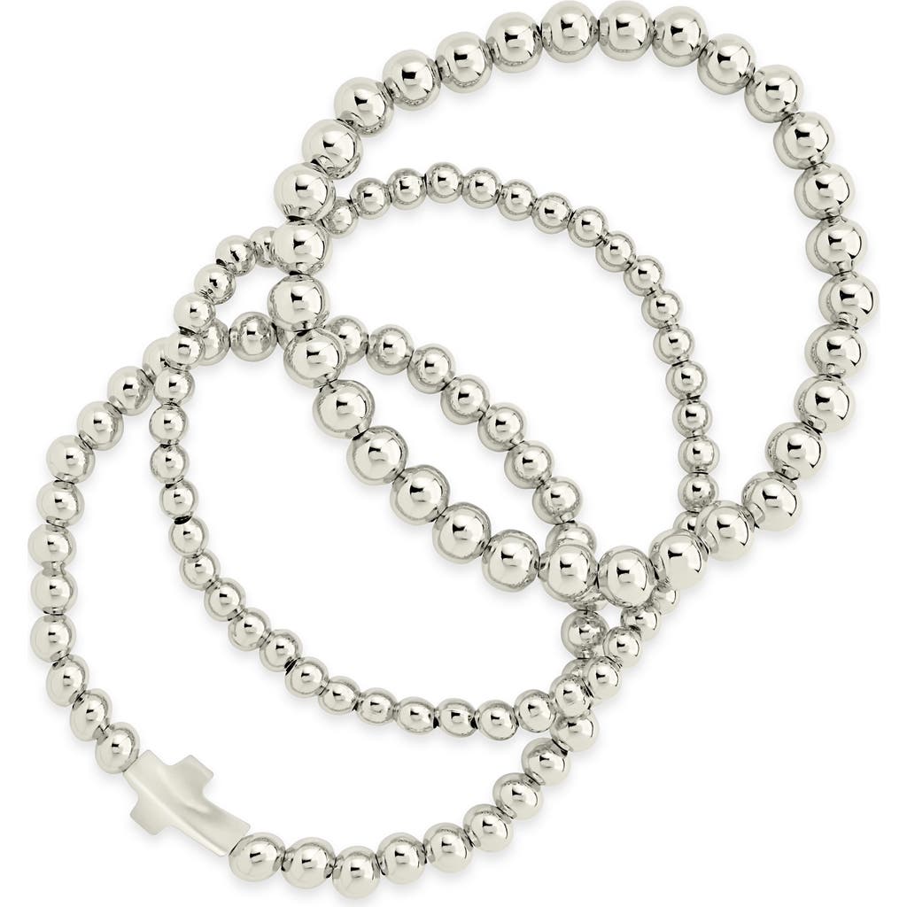 Sterling Forever Eden Set Of 3 Mother-of-pearl Cross Beaded Stretch Bracelets In Silver