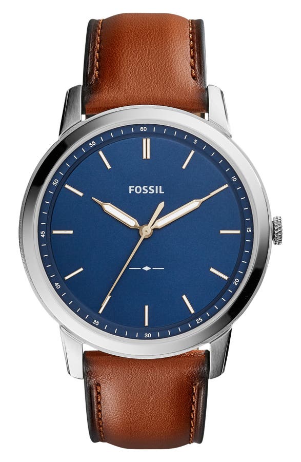 Fossil Minimalist Leather Strap Watch, 44mm In Brown/ Blue/ Silver