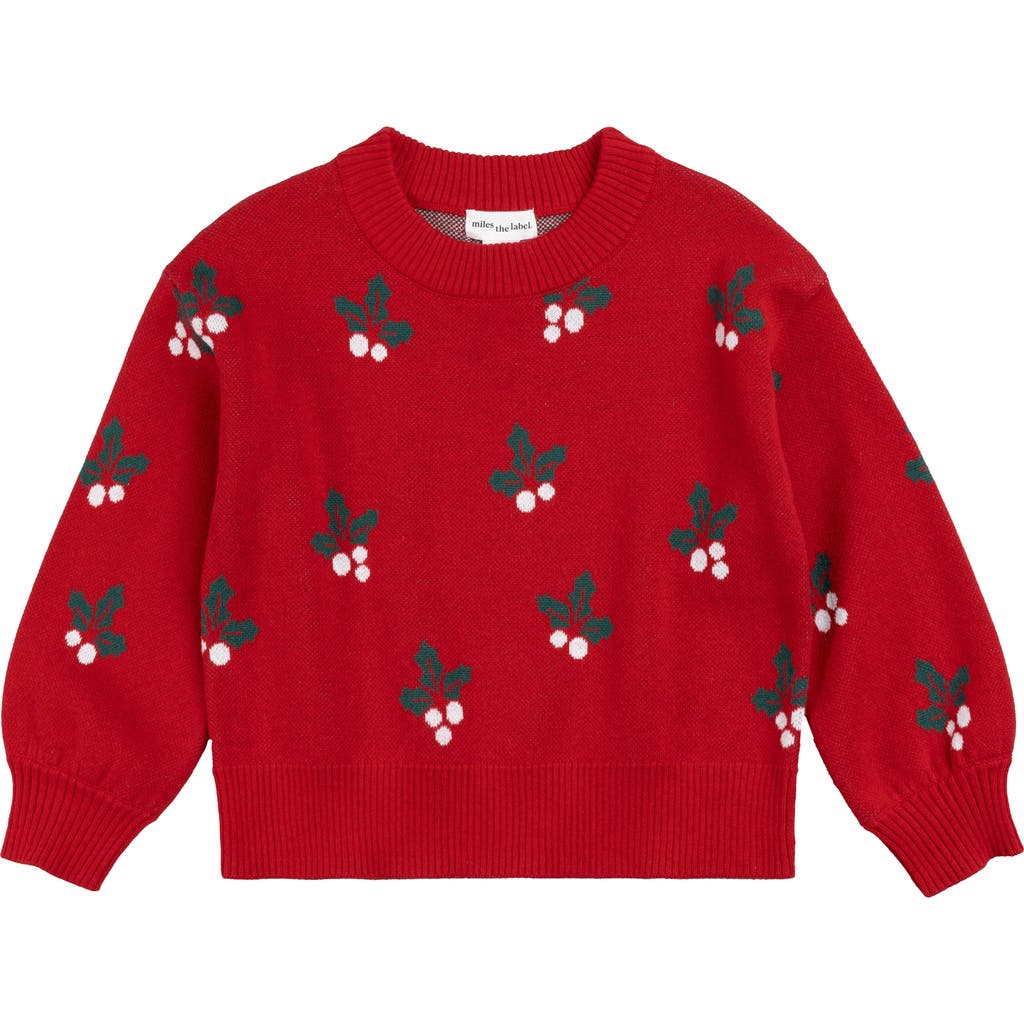 MILES THE LABEL Kids' Merry Mistletoe Jacquard Organic Cotton Crewneck Sweater in Red