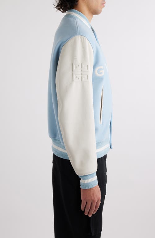 Shop Givenchy Embroidered Logo Mixed Media Leather & Wool Blend Varsity Jacket In White/sky Blue