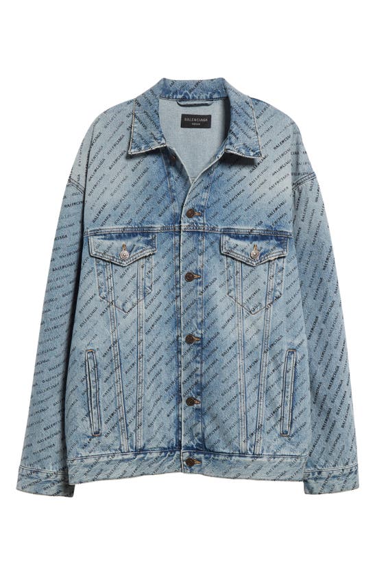 Shop Balenciaga Logo Print Oversize Denim Jacket In Iced Blue