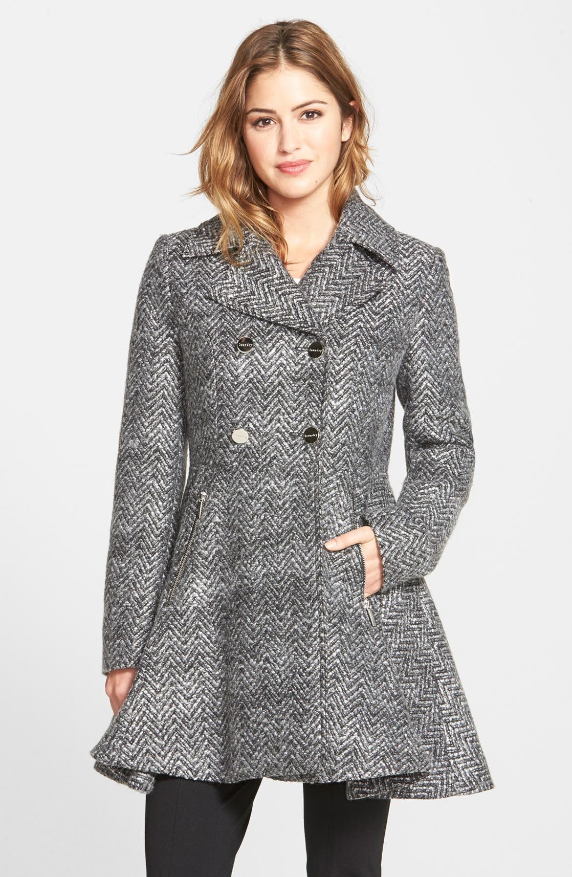Laundry by Shelli Segal Chevron Twill Double Breasted Skirted Coat ...
