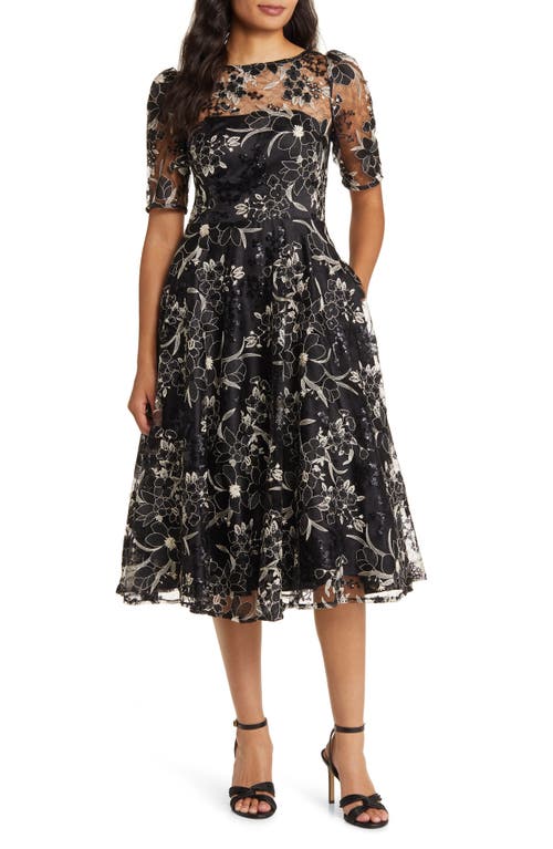 Sequin Floral Embroidery Fit & Flare Cocktail Midi Dress in Black