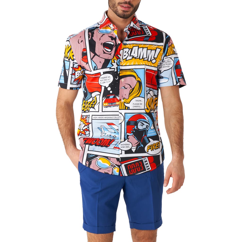 Opposuits Danger Days Stretch Short Sleeve Button-up Shirt In Red/blue Multi