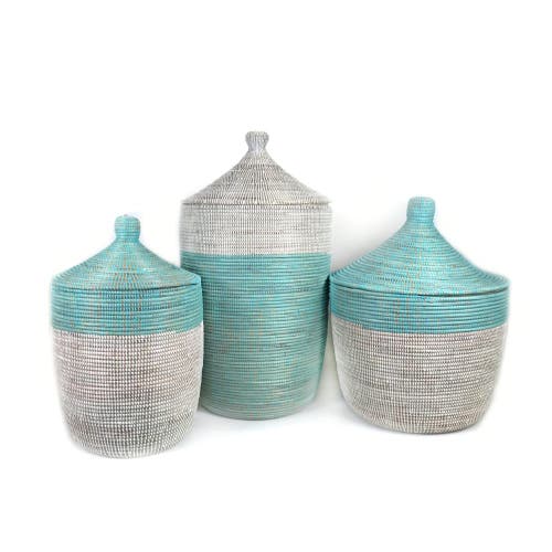 Mbare Dou Lid Storage Basket Two-tone In Turquoise And White