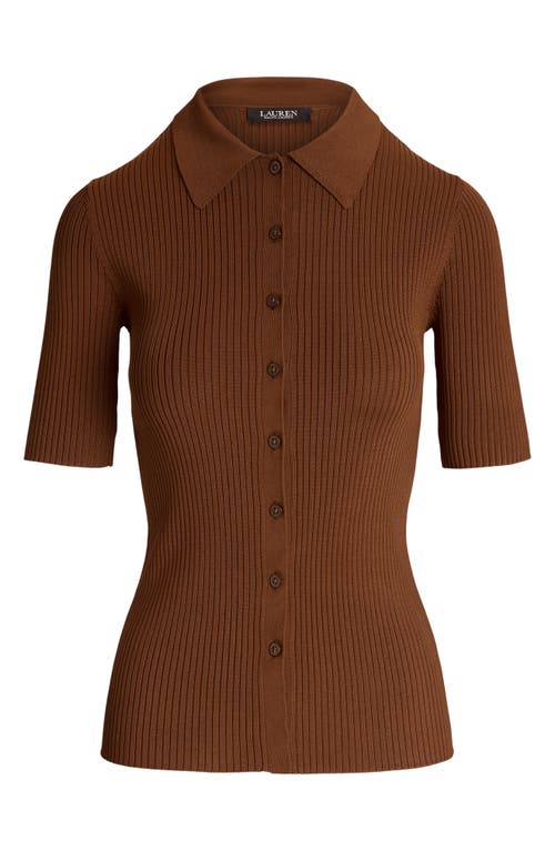 Shop Lauren Ralph Lauren Rib Knit Elbow Sleeve Polo Cardigan In Dark Terracotta