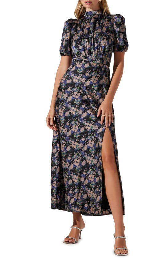 Astr Floral Mock Neck Maxi Dress In Black Purple Floral