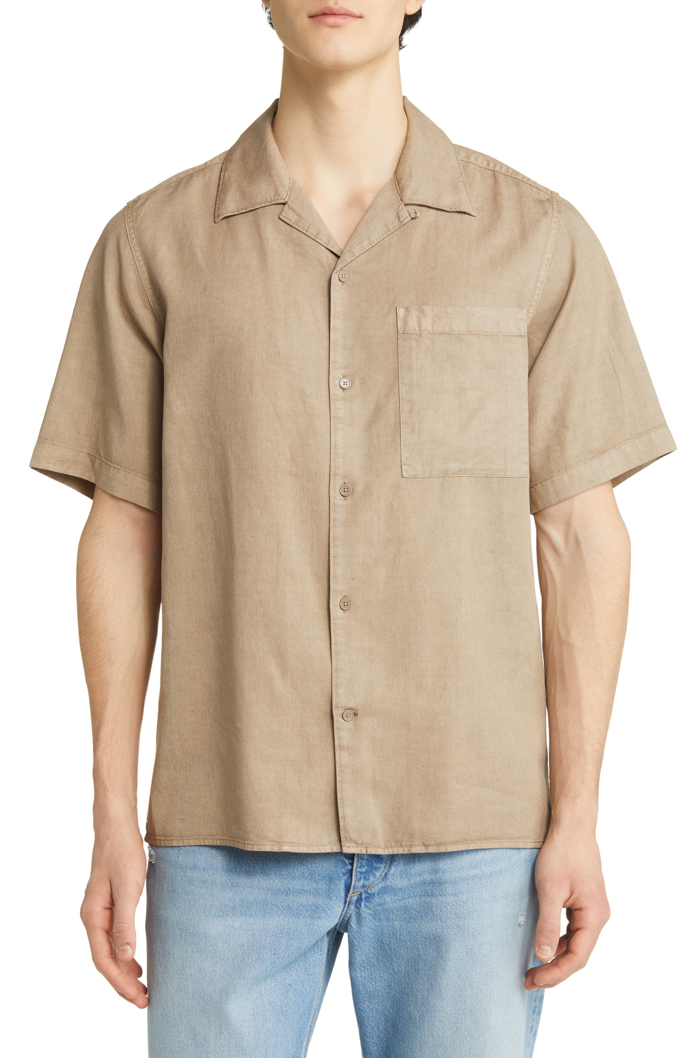 NN07 Julio 5029 Short Sleeve Lyocell & Linen Button-Up Camp Shirt in Greige  | Smart Closet