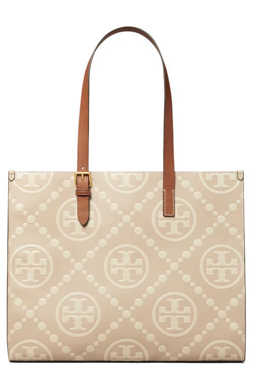 Tory Burch T Monogram Contrast Embossed Leather Tote In Longan/new Cream