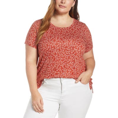 Plus Size Vince Camuto Leafy Calico Linen Blend Pocket Tee, Red