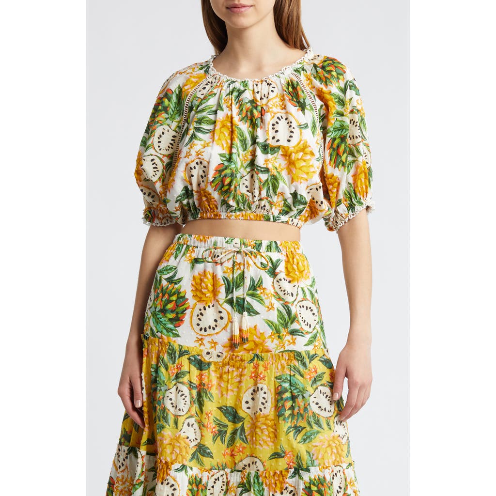 Farm Rio Biriba Print Cotton Crop Top In Biriba Off-white