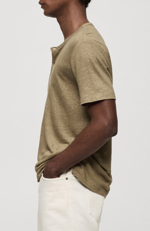 Shop Mango Slim Fit Linen Blend Henley In Khaki Green