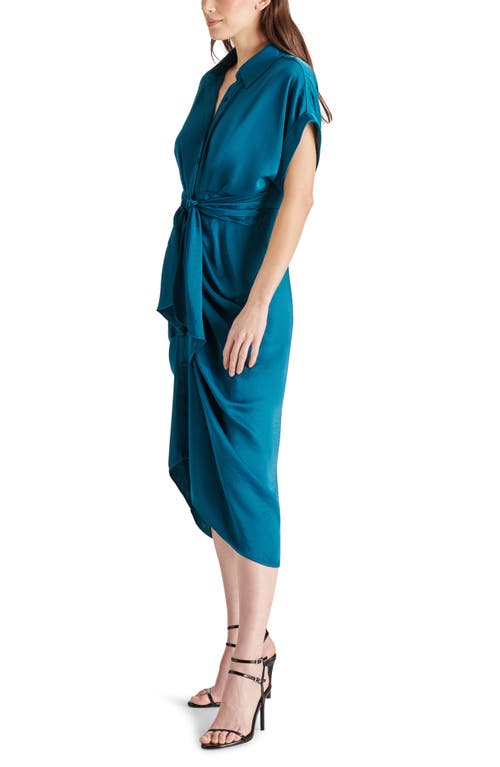 Shop Steve Madden Tori Tie Waist Satin Midi Shirtdress In Midnight Teal