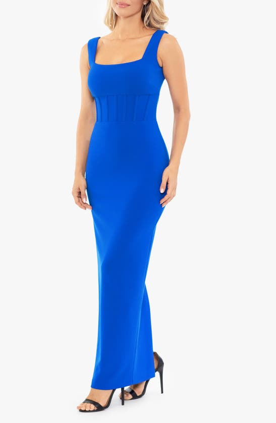 Shop Betsy & Adam Scuba Crepe Column Gown In Cobalt