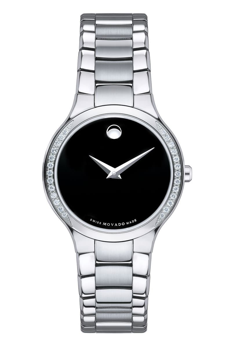 Movado Serio Black Dial Diamond Bracelet Watch 26mm Nordstrom