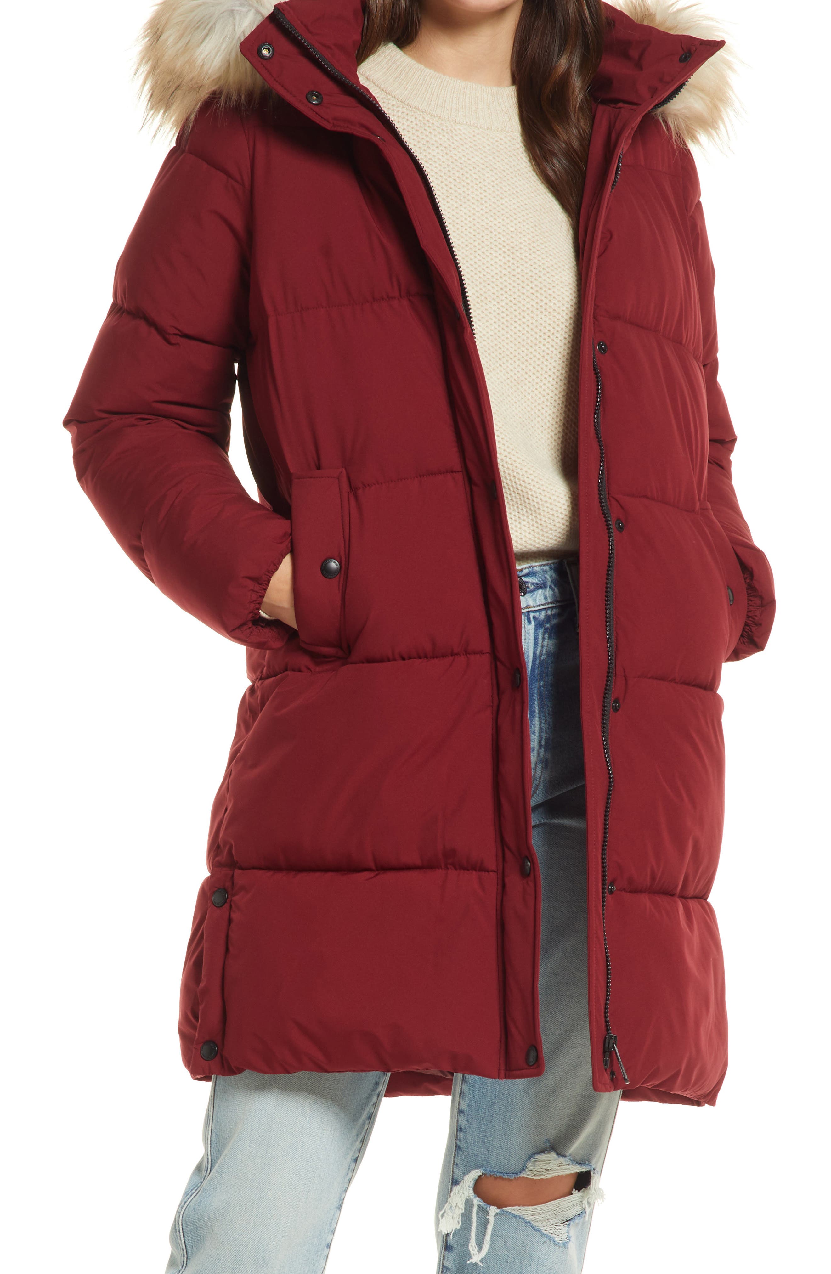 burgundy puffer jacket with fur hood