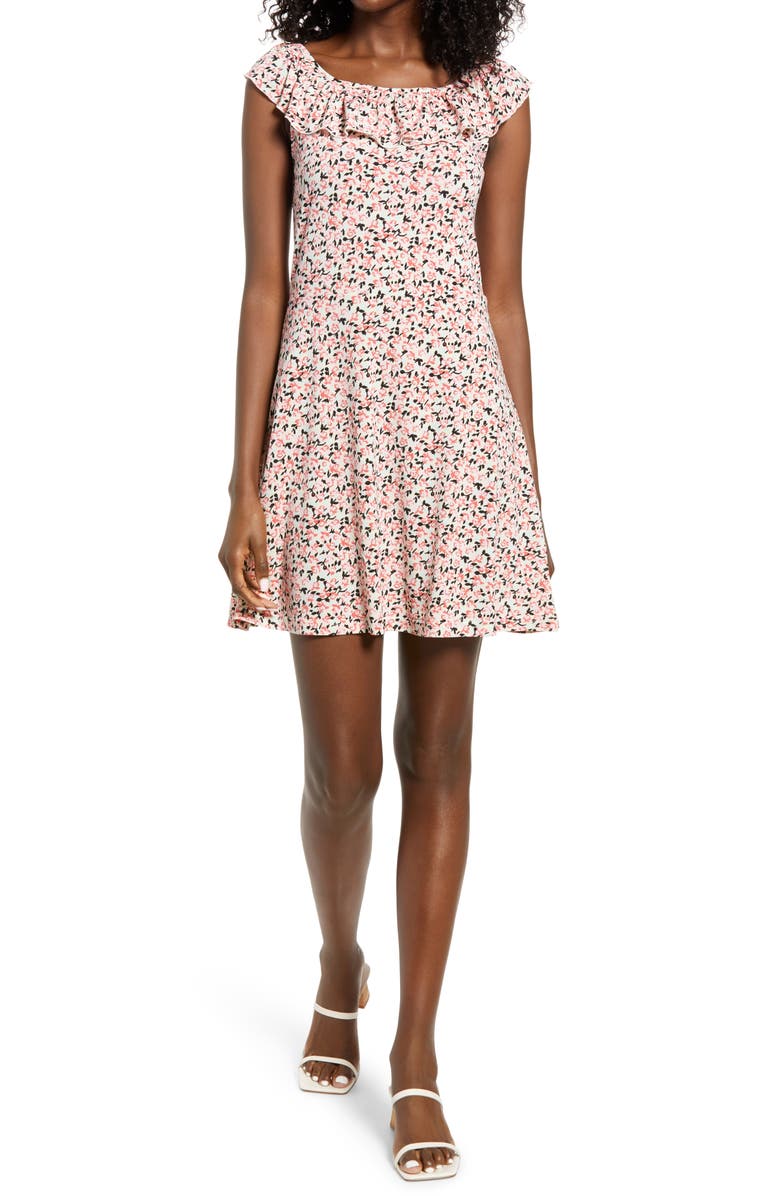 VERO MODA Kimmie Floral Ruffle Neck Minidress, Main, color, ROSEATE SPOONBILL