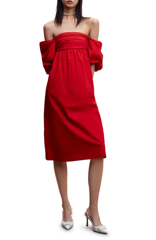 MANGO Puff Sleeve Cotton Dress in Red