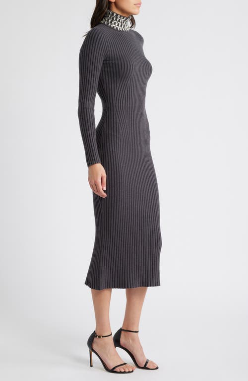 Bebe Crystal Neck Long Sleeve Rib Midi Dress In Charcoal