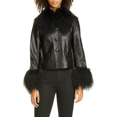 Saks Potts Contrast Trim Genuine Shearling Short Jacket, 0 (fits like 00-2 US) - Black