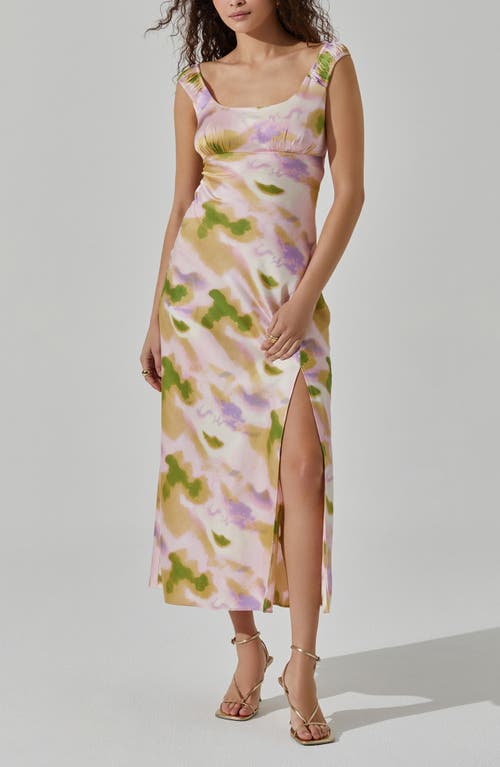 Shop Astr The Label Printed Satin Midi Dress In Pink Green Abstract
