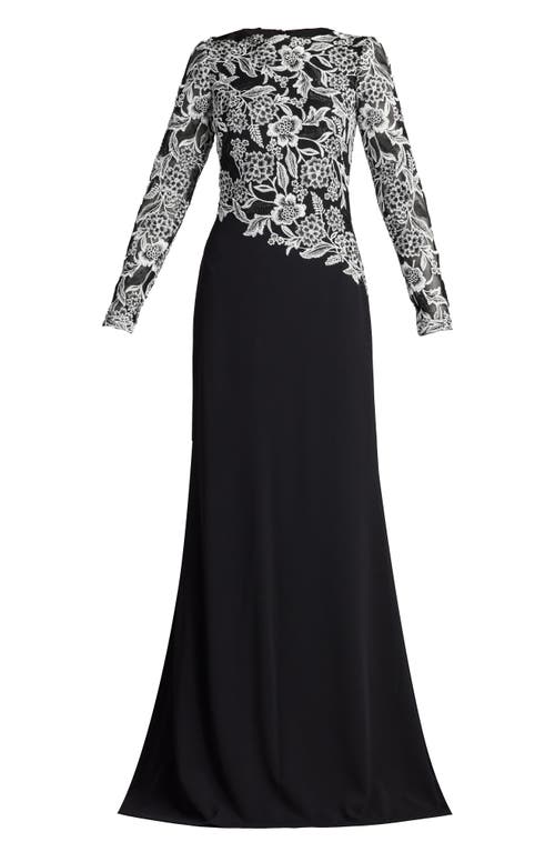 Shop Tadashi Shoji Sequin Lace Long Sleeve Crepe Gown In Ivory/black