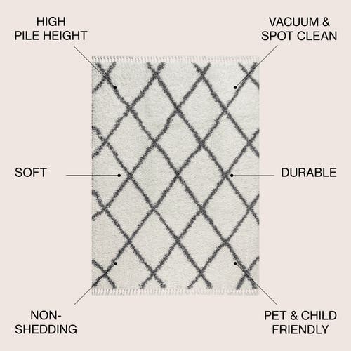 Jonathan Y Mercer Shag Plush Tassel Moroccan Geometric Trellis Denim Area Rug In Cream/gray