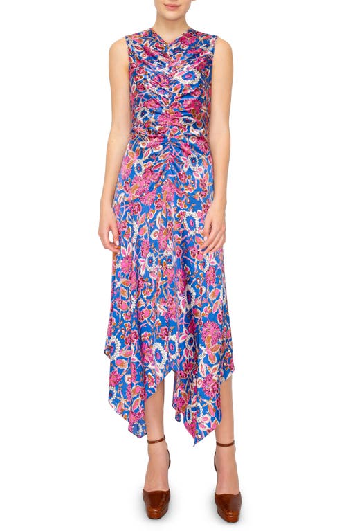 Floral Print Ruched Satin Midi Dress in Blue Pink