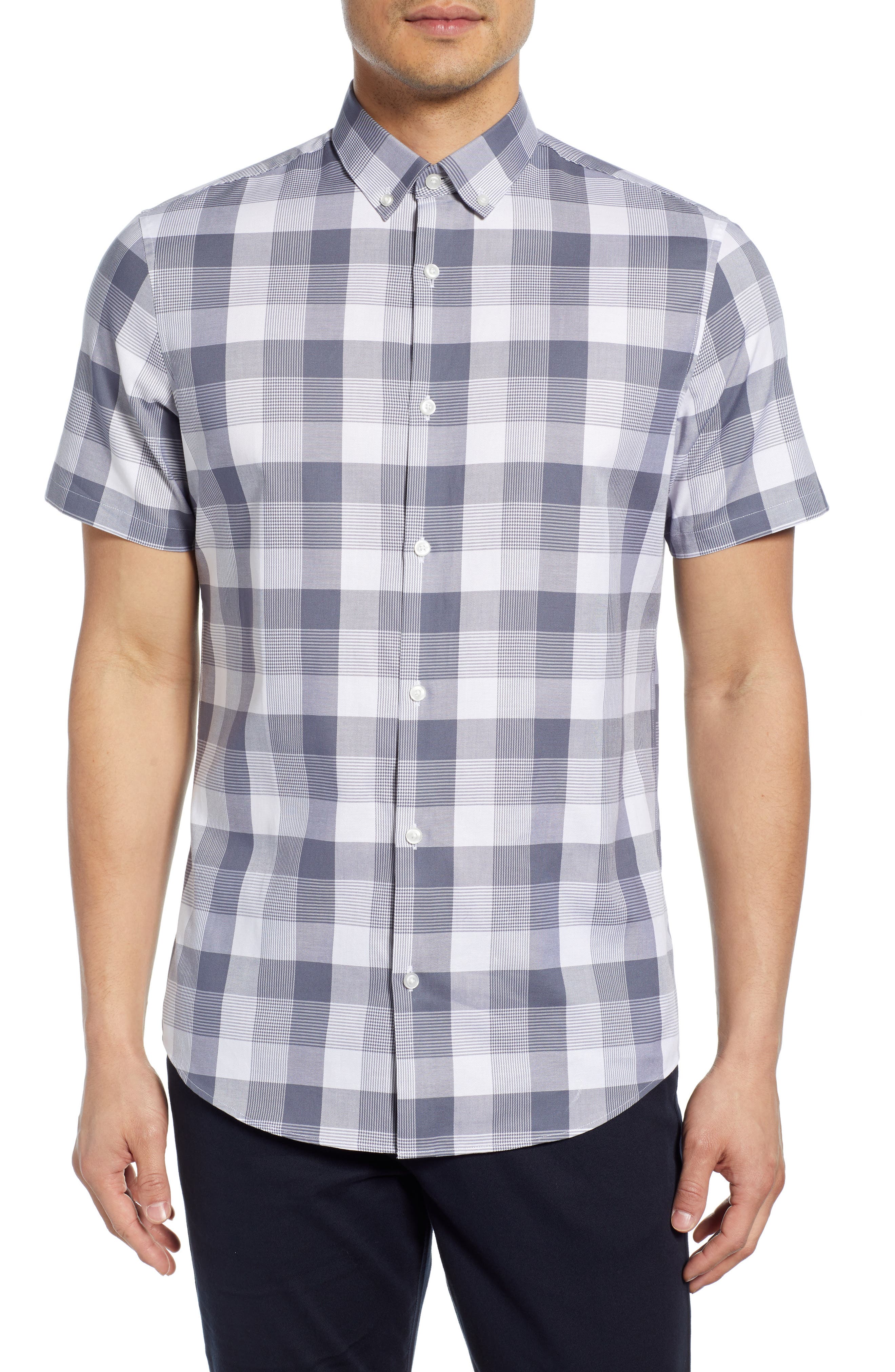 Calibrate Slim Fit Check Short Sleeve Button-Down Sport Shirt, Blue