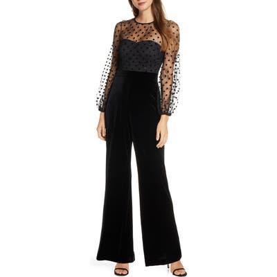 Eliza J Flocked Dot Mesh & Velvet Long Sleeve Jumpsuit, Black