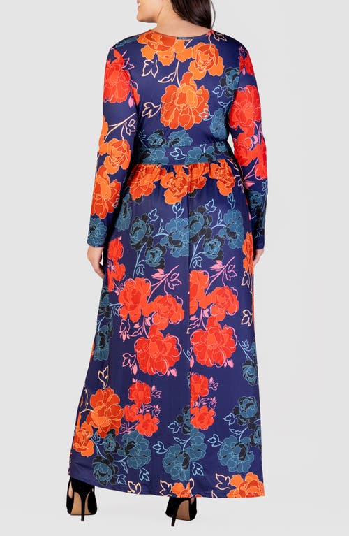 Shop 24seven Comfort Apparel Floral Long Sleeve Wrap Front Knit Maxi Dress In Orange Multi