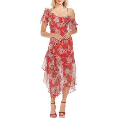 Vince Camuto Boudoir Botanical Ruffled One-Shoulder Party Dress, Red