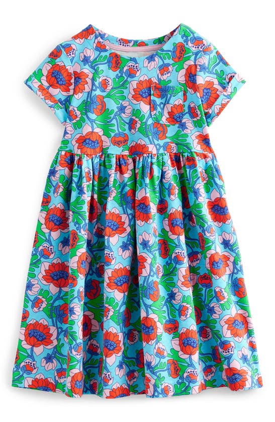 Boden Kids' Fun Cotton Jersey Dress In Aqua Blue Poppies