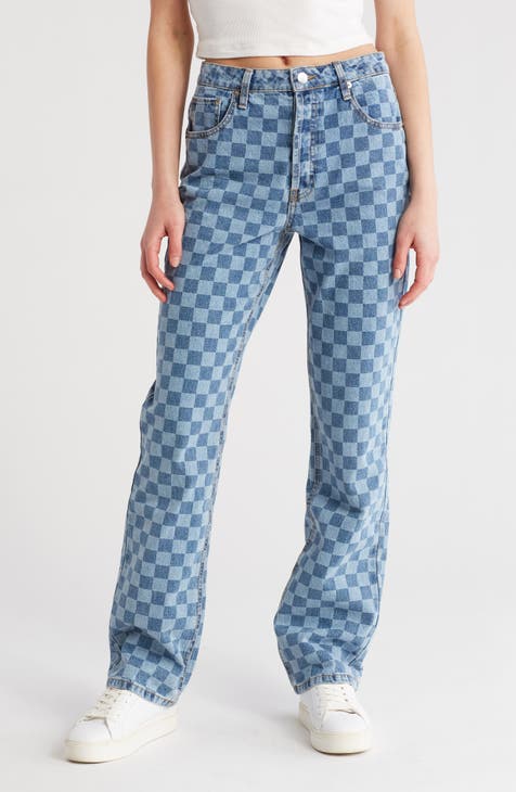 Checkerboard High Waist Straight Leg Jeans