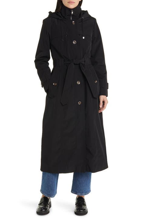 womens black long wool trench coat for winter with hood 1638#