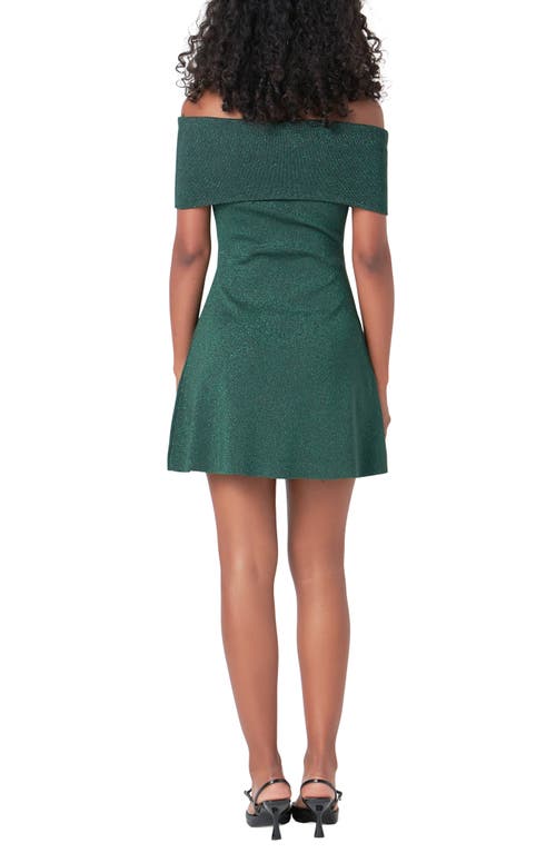 Endless Rose Metallic Off The Shoulder Knit Minidress In Green