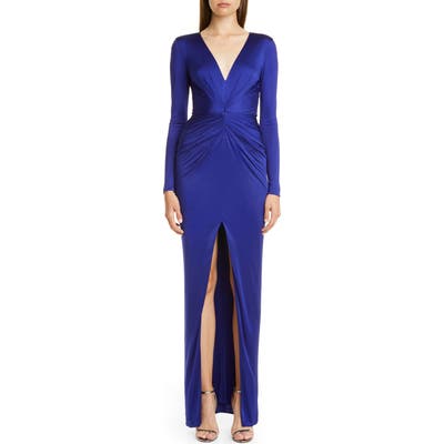 Haney Gathered Slit Front Long Sleeve Gown, Blue