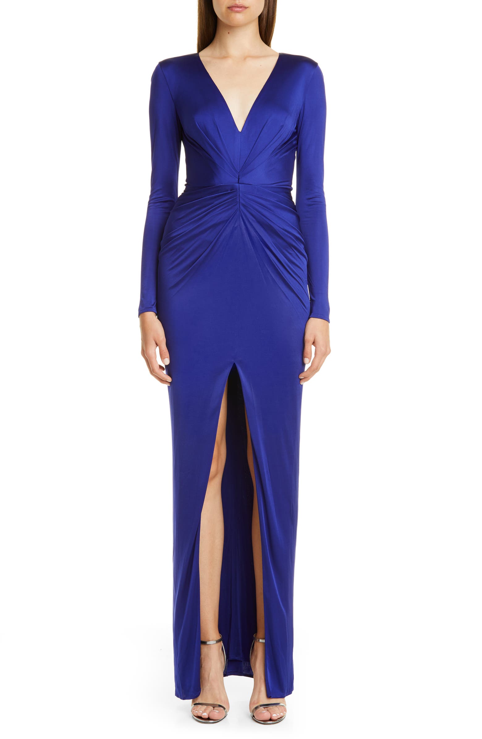 HANEY Gathered Slit Front Long Sleeve Gown | Nordstrom