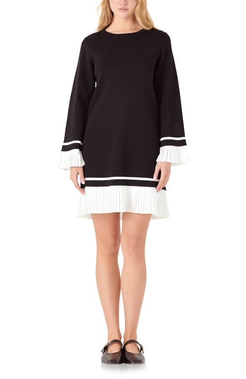 English Factory Mixed Media Long Sleeve Minidress In Black/white