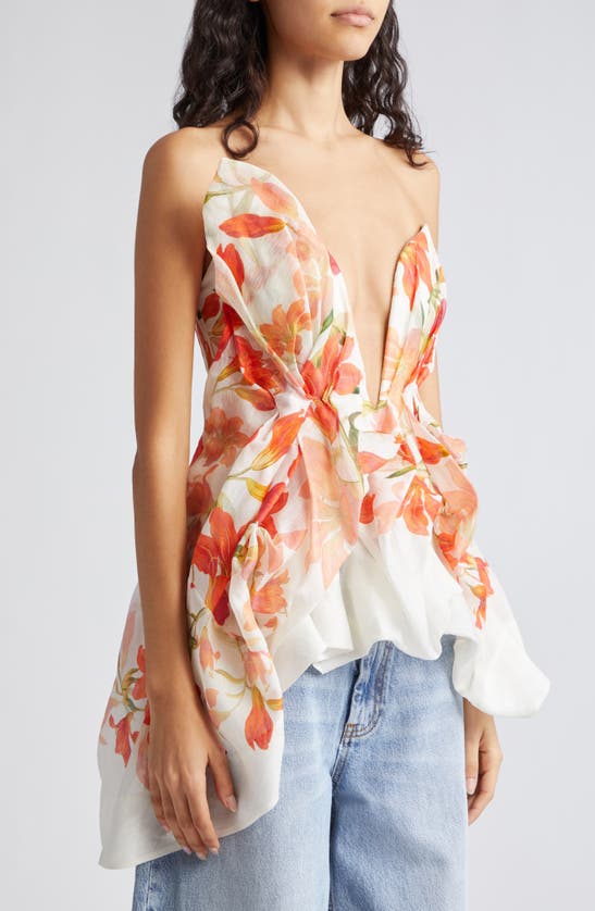Shop Zimmermann Tranquility Floral Strapless Linen & Silk Peplum Top In Red Lily