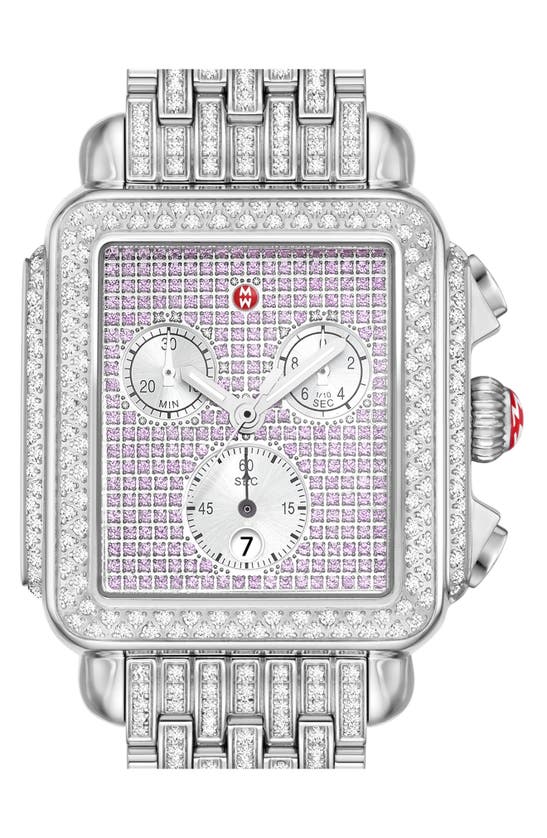 Shop Michele Deco Diamond & Pink Sapphire Bracelet Chronograph Watch, 35mm In Silver