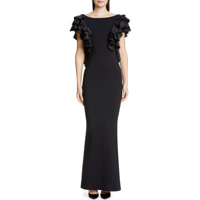 Chiara Boni La Petite Robe Orchidea Ruffle Sleeve Evening Gown, US / 44 IT - Black