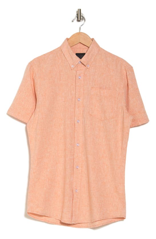 14th & Union Slim Fit Short Sleeve Linen Blend Button-down Shirt In Orange Glaze- Ivory Eoe