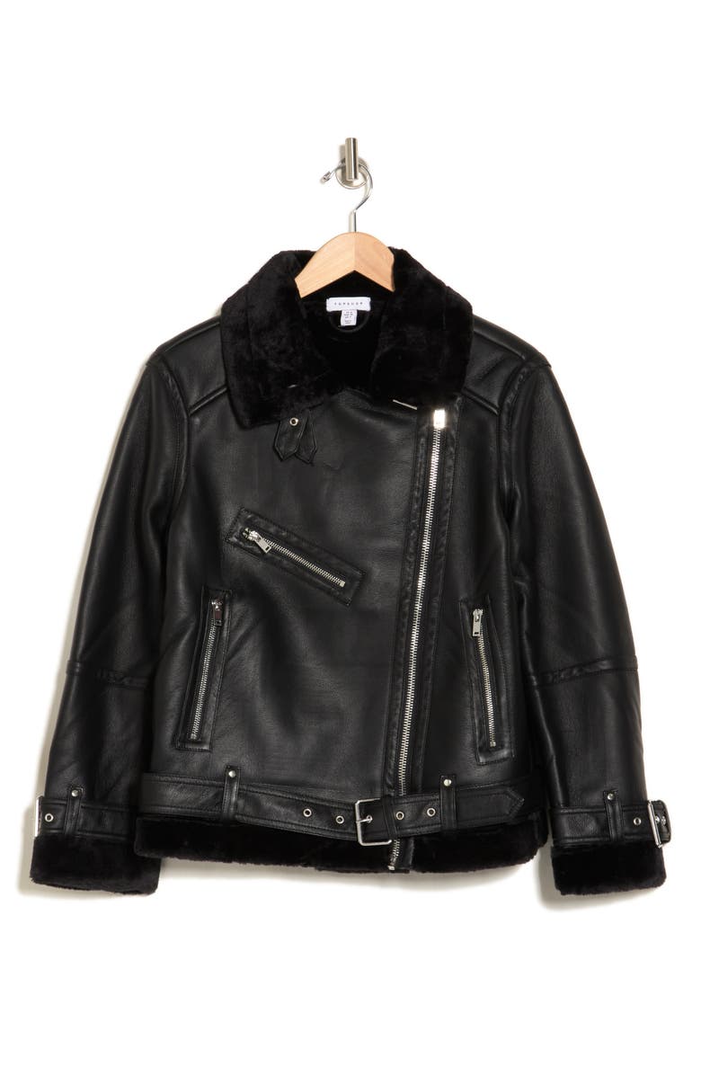 Faux Leather Aviator Jacket with Faux Shearling Trim