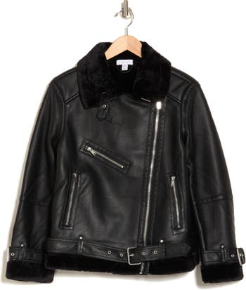 Topshop Faux Leather Aviator Jacket With Faux Shearling Trim In Black