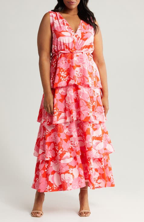 Floral Print Sleeveless Tiered Ruffle Maxi Dress (Plus)