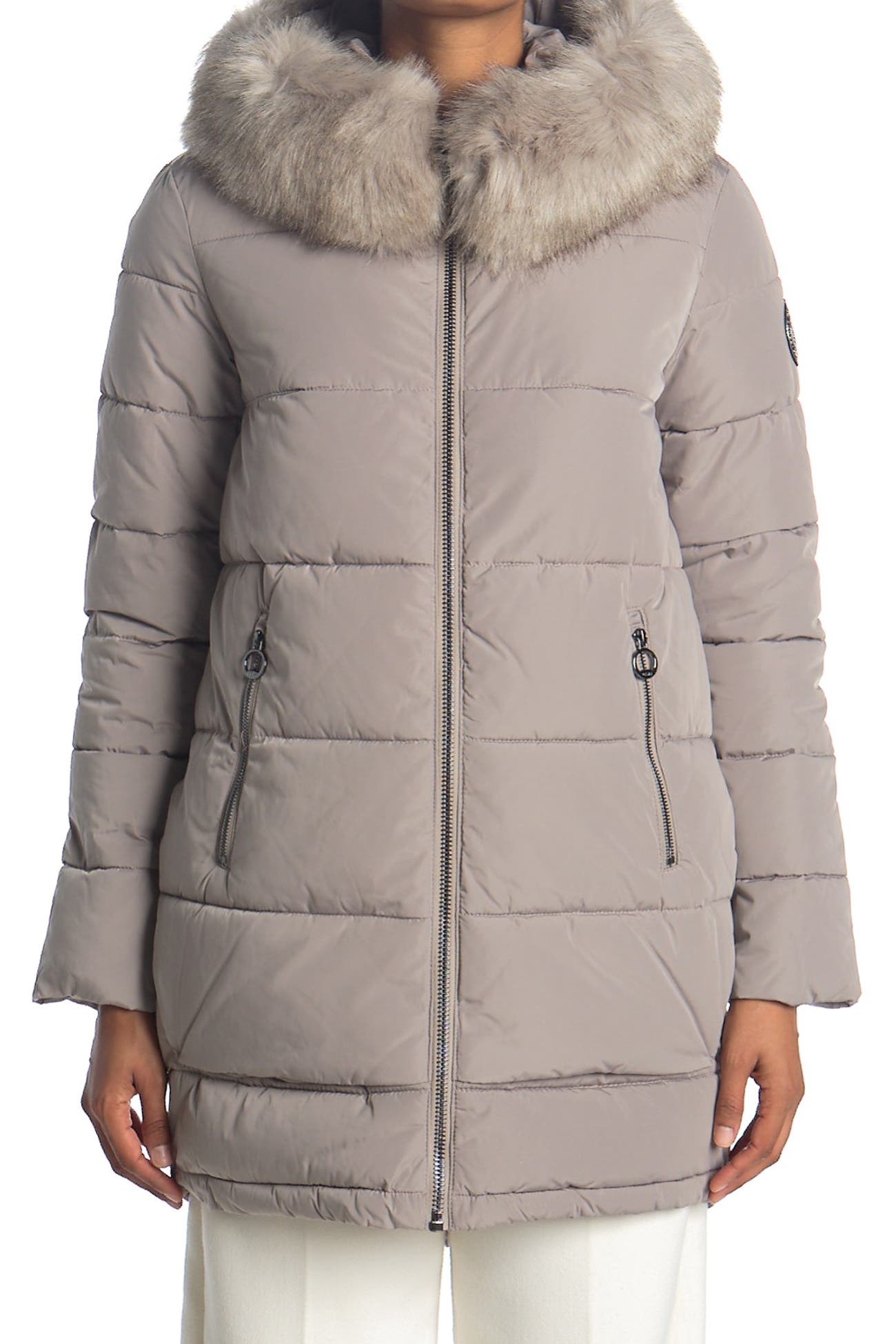 DKNY | Zip Front Coat with Faux Fur Hood | Nordstrom Rack
