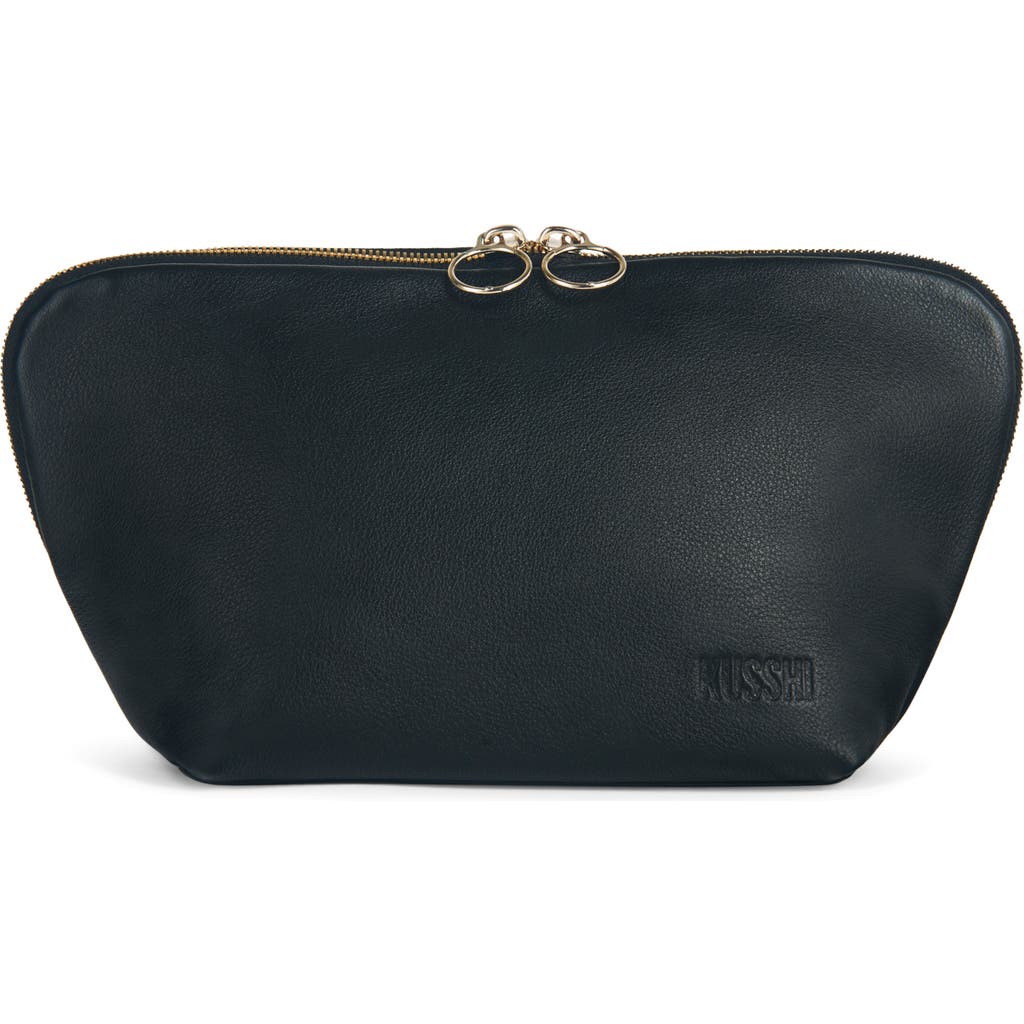 Kusshi Signature Leather Makeup Bag In Black Leather/pink