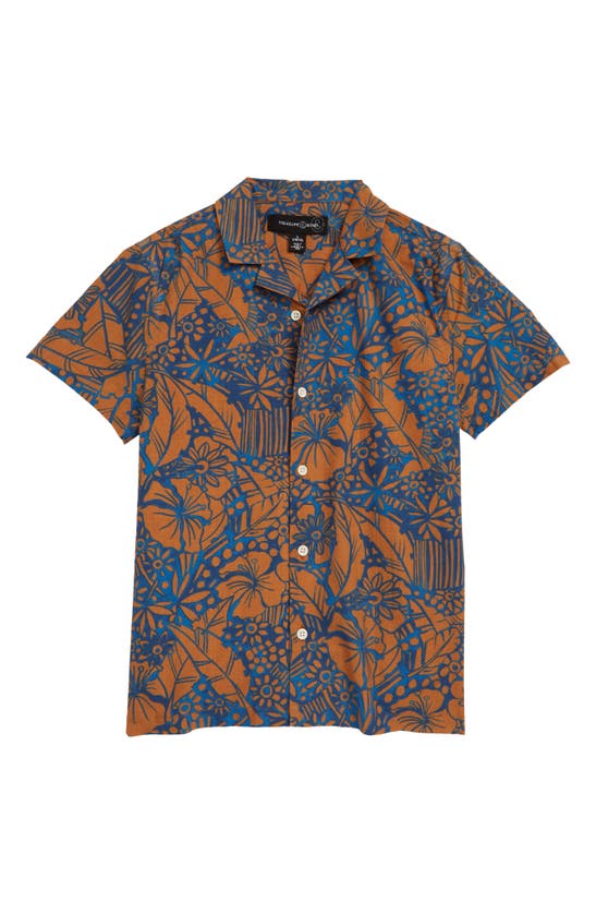Treasure & Bond Kids' Button-up Camp Shirt In Tan Lion Jungle Floral